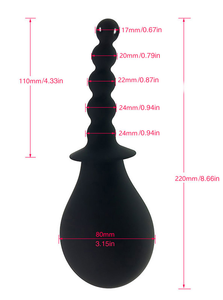 Black silicone beaded anal douche bulb size chart showing 220 mm total length and 80 mm bulb diameter