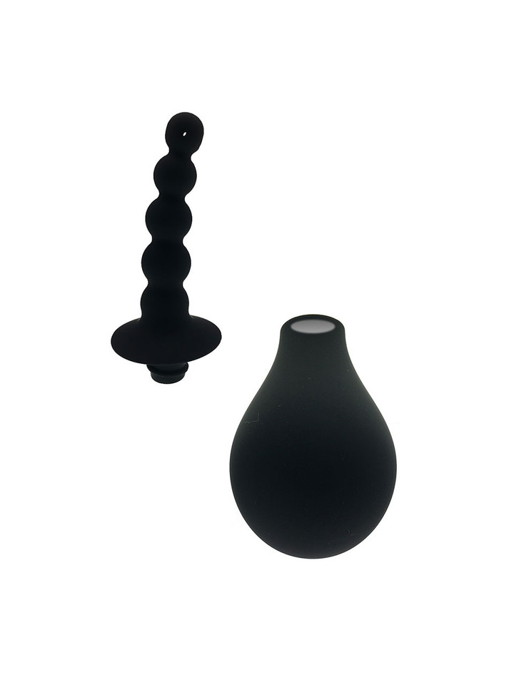 Black silicone anal douche bulb and removable beaded nozzle shown separately