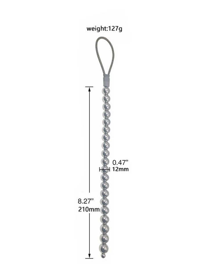 Stainless steel 12 mm (0.47 in) long anal beads size chart with 210 mm (8.27 in) length and 127 g (4.48 oz) weight