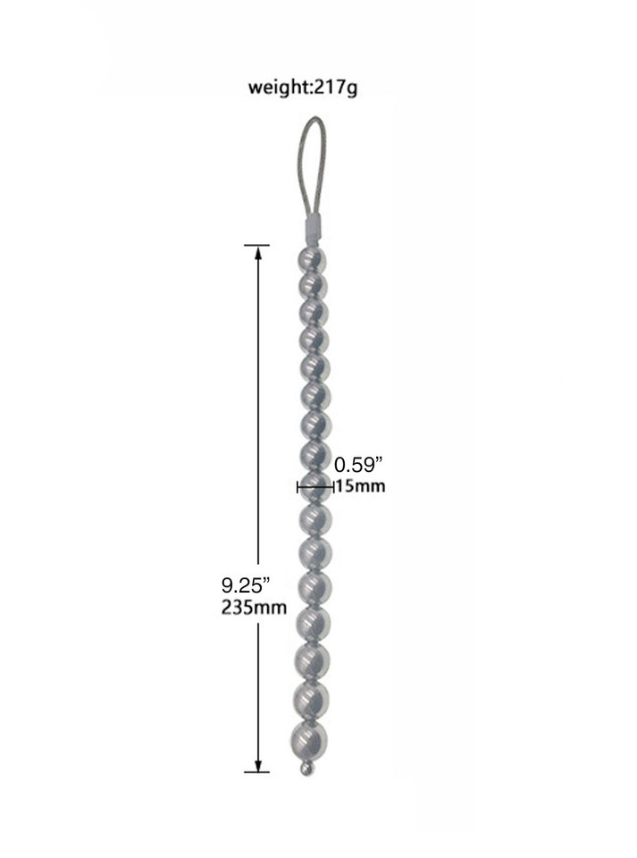 Stainless steel 15 mm (0.59 in) long anal beads size chart with 235 mm (9.25 in) length and 217 g (7.65 oz) weight