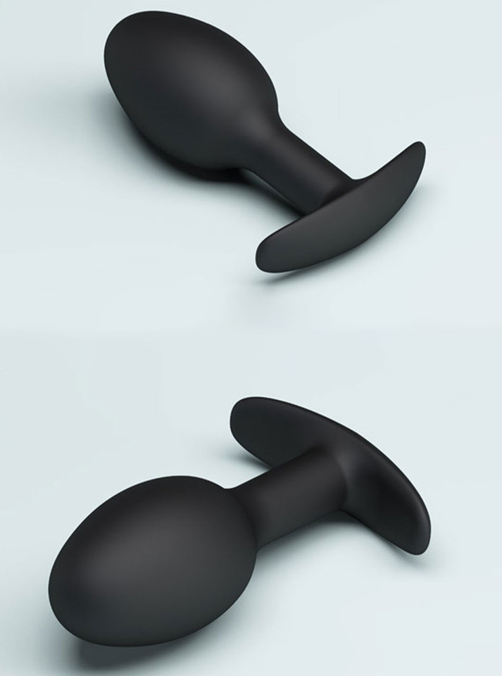 Black silicone anchor butt plug shown from multiple angles with wide curved base