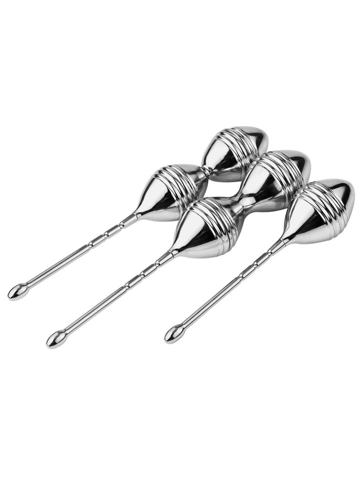 Three silver aluminum alloy Kegel ball trainers with single and double ball designs and long retrieval stems