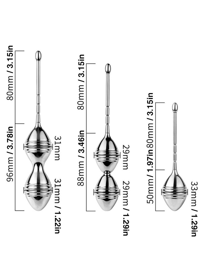 Size chart showing single, 29 mm double and 31 mm double metal Kegel ball trainer dimensions in metric and imperial units