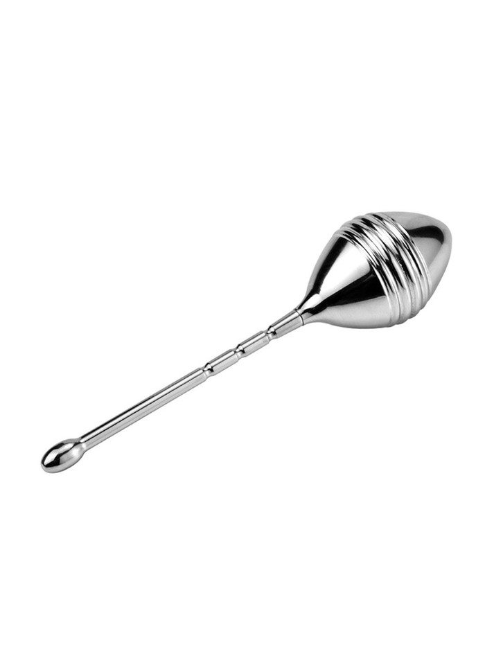 Silver single Kegel ball trainer with a tapered ridged body and slim metal retrieval stem