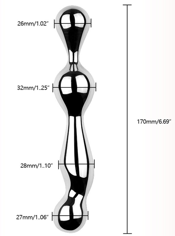 Dimension chart for weighted stainless steel stimulator showing 170 mm length and 26-32 mm widths