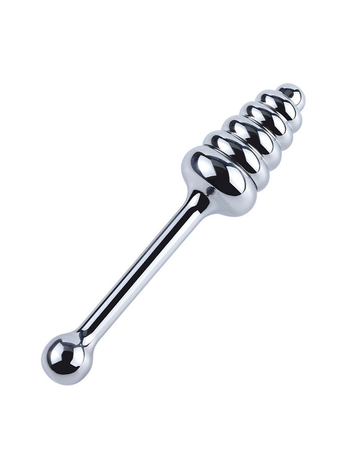 Graduated aluminium alloy anal stimulator with ribbed head and long control handle