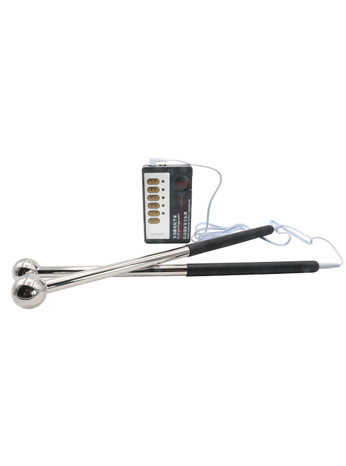 Two stainless steel E-Stim Drumsticks connected to a compatible electro power unit sold separately