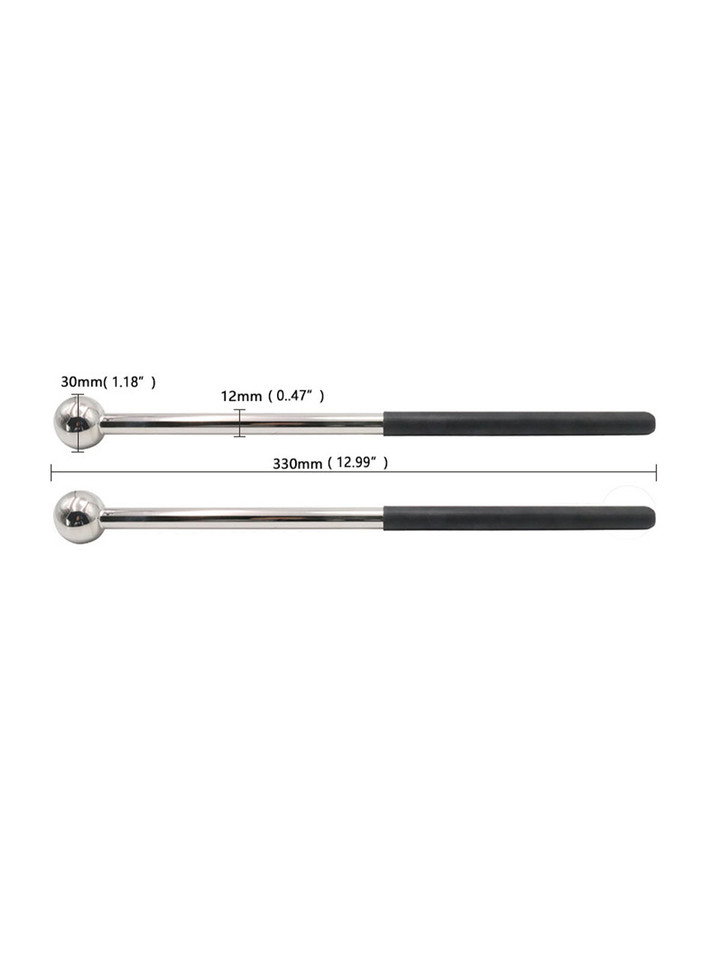 E-Stim Drumsticks dimensions showing 330 mm (12.99 in) length, 12 mm (0.47 in) shaft and 30 mm (1.18 in) ball tips