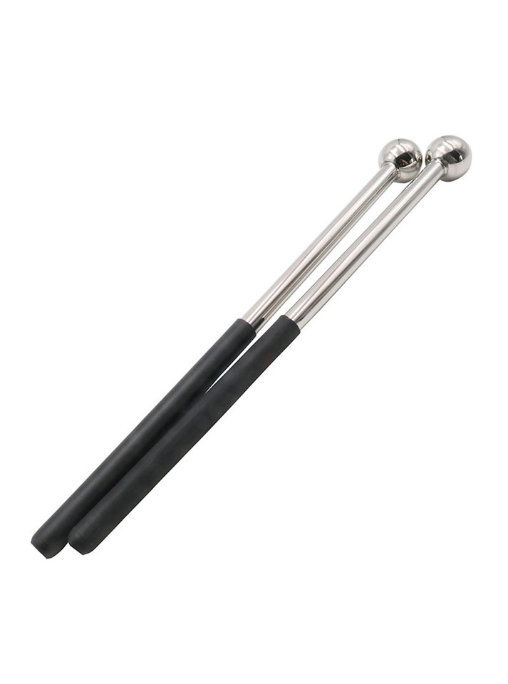 Pair of 304 stainless steel E-Stim Drumsticks with polished ball tips and black handles