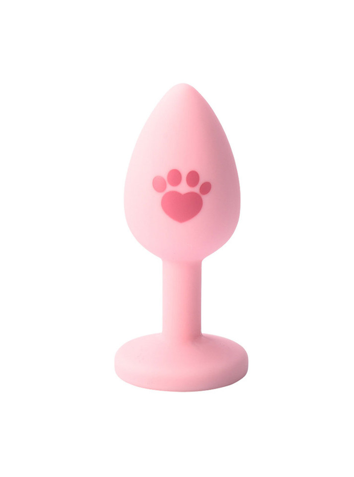 Pink mini silicone butt plug with tapered tip, paw print and flared base