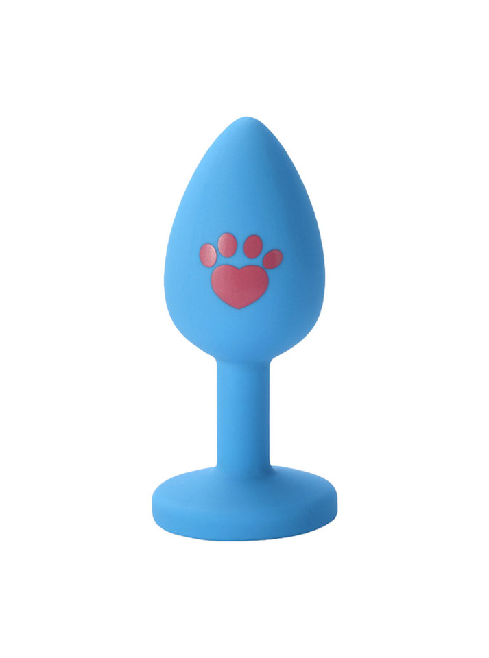 Blue mini silicone butt plug with tapered tip, paw print and flared base