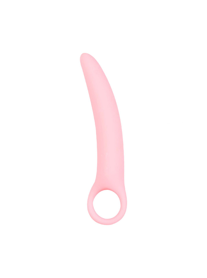 Pink Size 2 curved silicone ring handle butt plug measuring 122 mm (4.80 in) long and 18 mm (0.71 in) wide