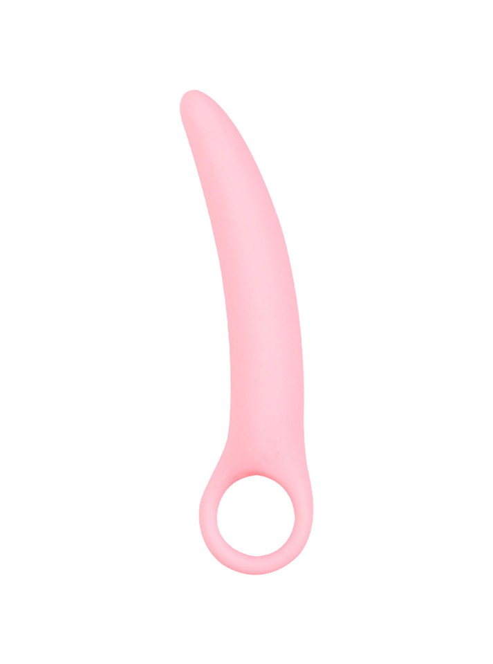 Pink Size 3 curved silicone ring handle butt plug measuring 140 mm (5.51 in) long and 20 mm (0.79 in) wide