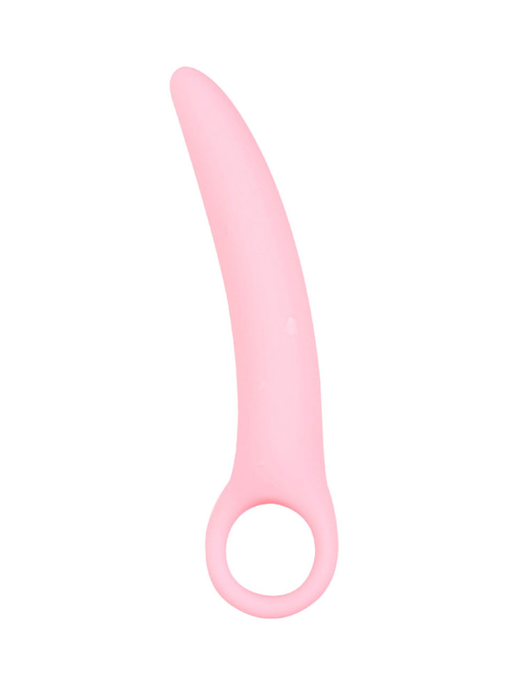 Pink Size 4 curved silicone ring handle butt plug measuring 167 mm (6.57 in) long and 24 mm (0.94 in) wide