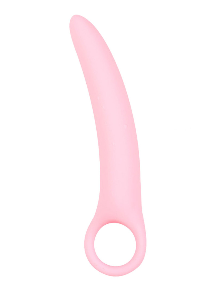 Pink Size 5 curved silicone ring handle butt plug measuring 190 mm (7.48 in) long and 28 mm (1.10 in) wide