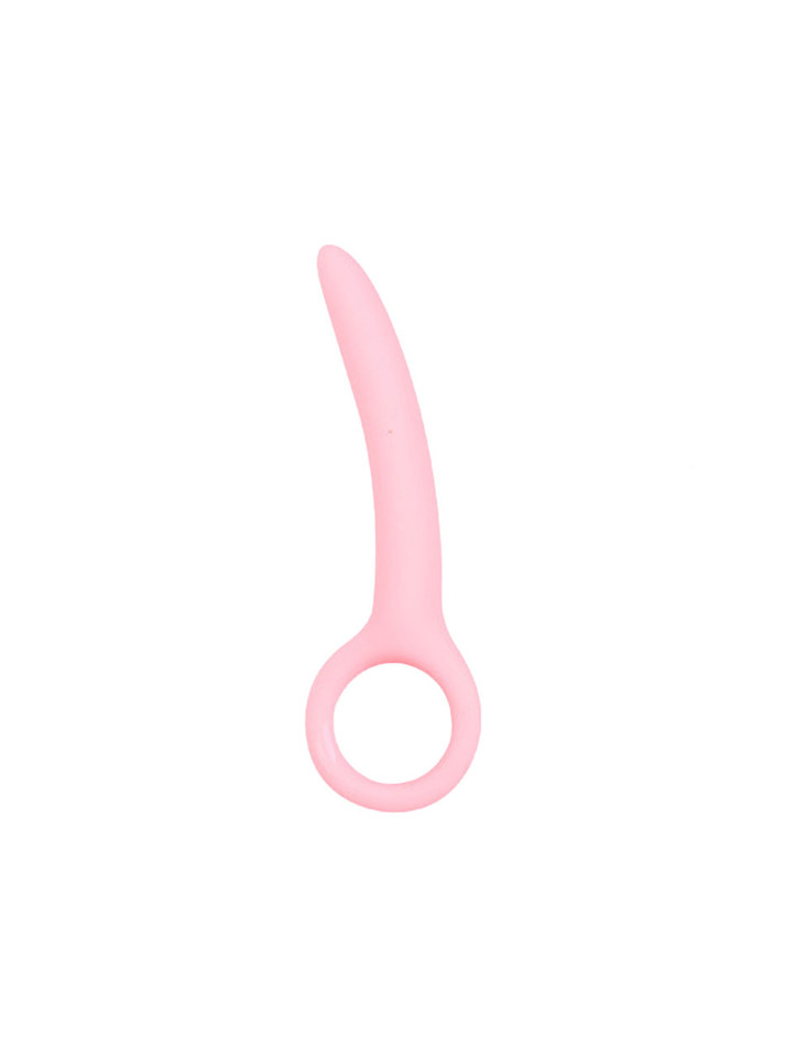 Pink Size 1 curved silicone ring handle butt plug measuring 108 mm (4.25 in) long and 18 mm (0.71 in) wide