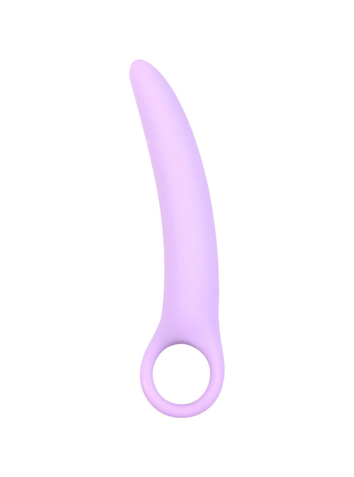 Purple Size 3 curved silicone ring handle butt plug measuring 140 mm (5.51 in) long and 20 mm (0.79 in) wide