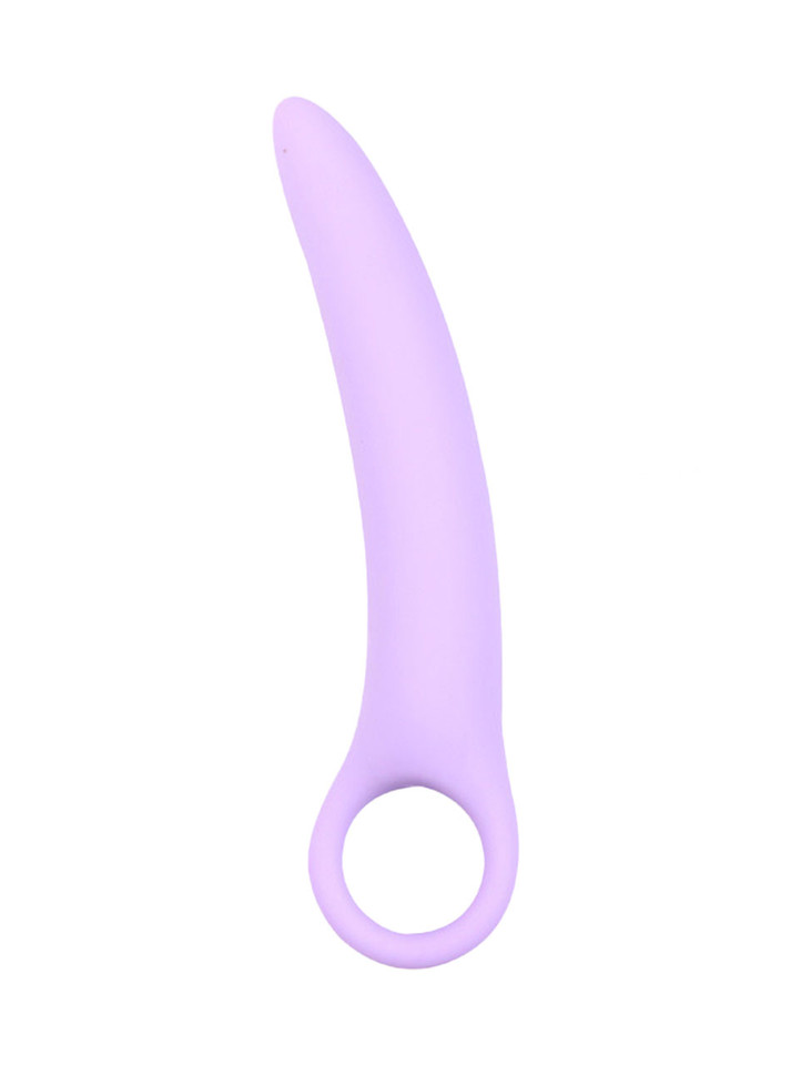 Purple Size 4 curved silicone ring handle butt plug measuring 167 mm (6.57 in) long and 24 mm (0.94 in) wide
