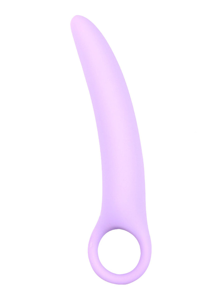 Purple Size 5 curved silicone ring handle butt plug measuring 190 mm (7.48 in) long and 28 mm (1.10 in) wide