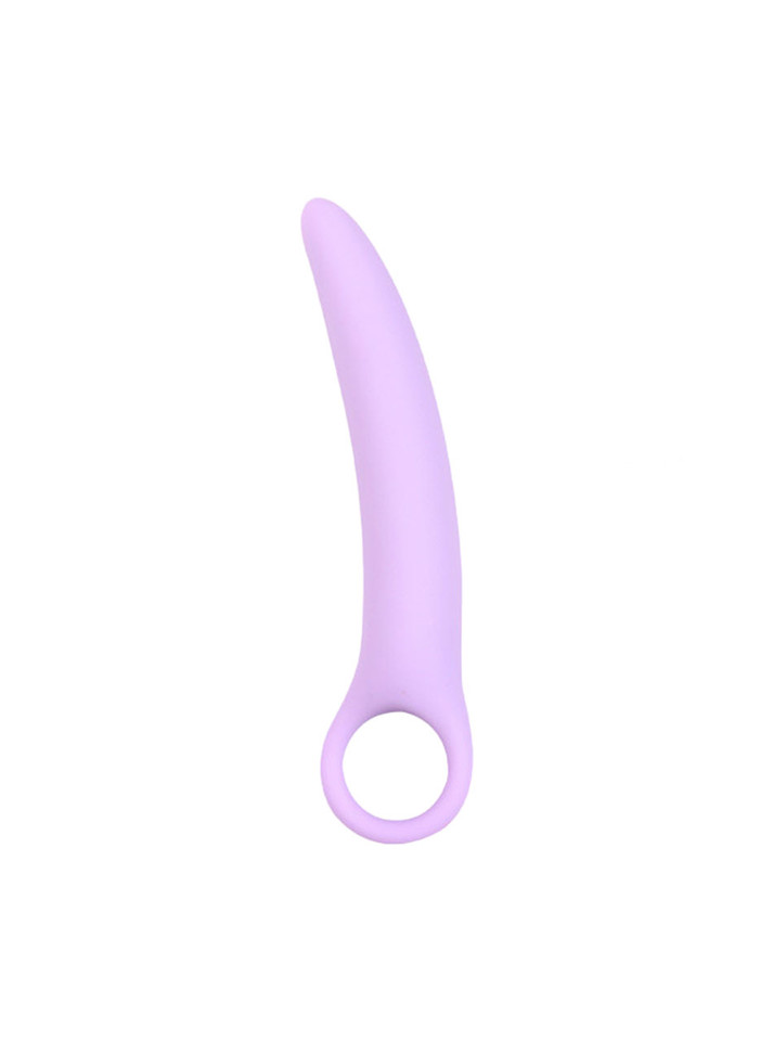 Purple Size 2 curved silicone ring handle butt plug measuring 122 mm (4.80 in) long and 18 mm (0.71 in) wide