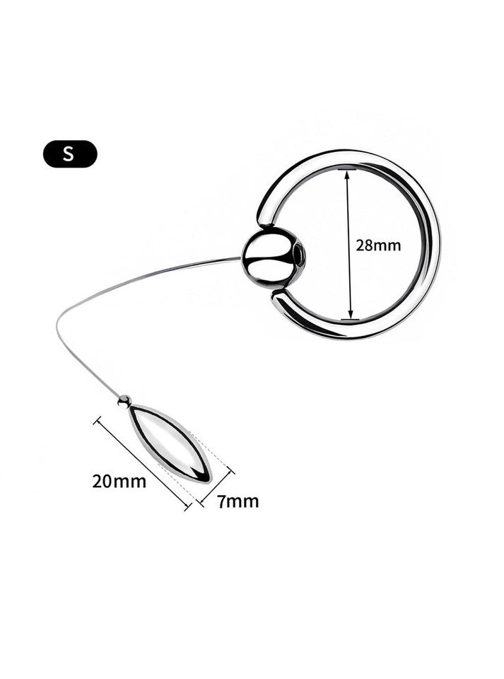 Small 304 stainless steel tethered urethral plug measuring 20 x 7 mm (0.79 x 0.28 in) with 28 mm (1.10 in) cock ring.
