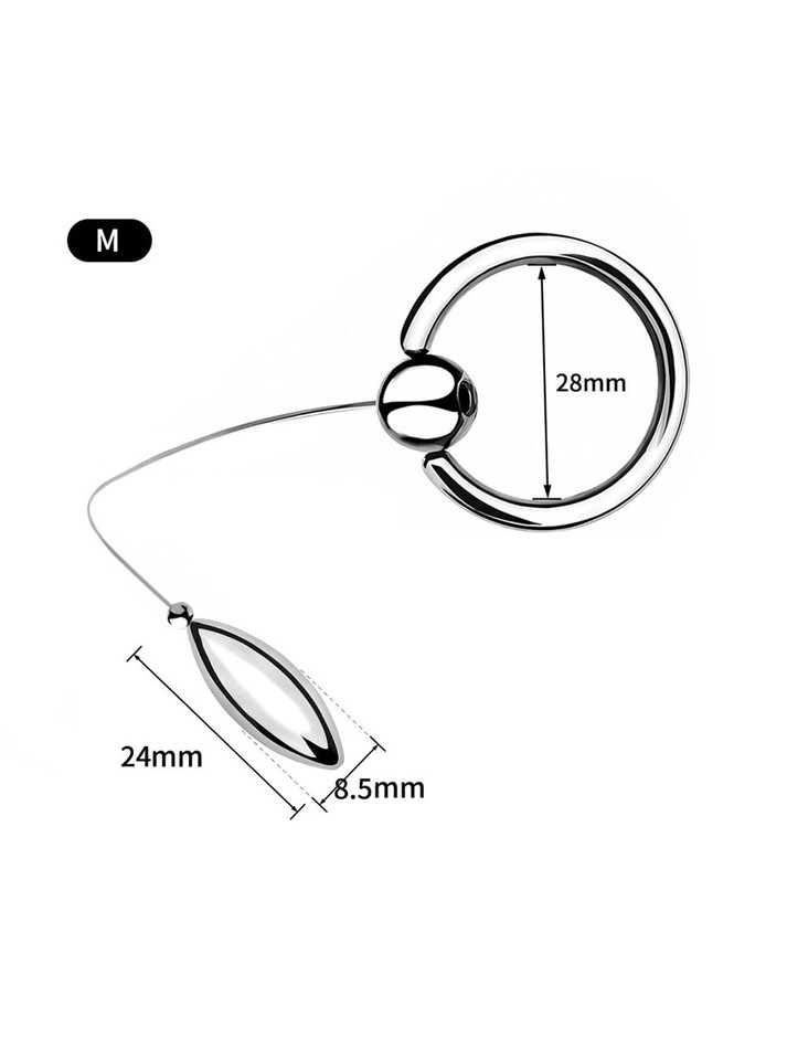 Medium 304 stainless steel tethered urethral plug measuring 24 x 8.5 mm (0.94 x 0.33 in) with 28 mm (1.10 in) cock ring.