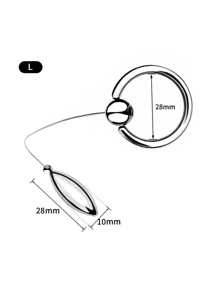 Large 304 stainless steel tethered urethral plug measuring 28 x 10 mm (1.10 x 0.39 in) with 28 mm (1.10 in) cock ring.