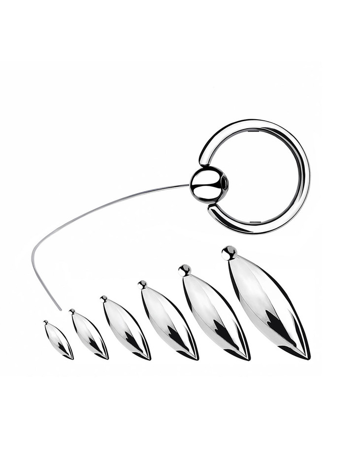 304 stainless steel tethered urethral plug collection with rigid cock ring and six progressive insert sizes.