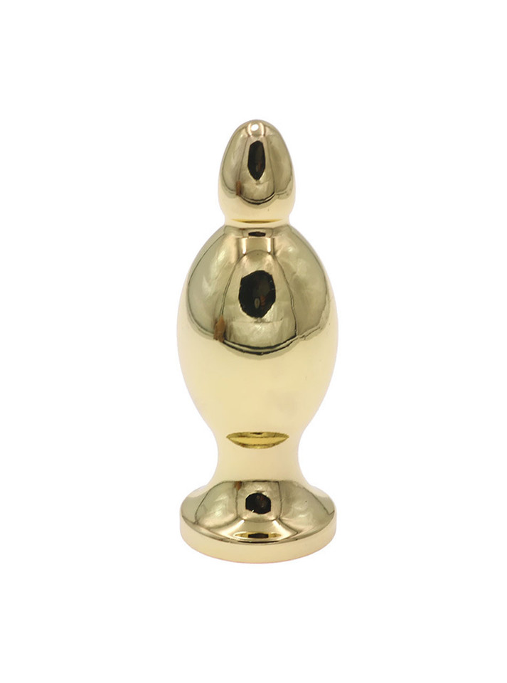 Gold stainless steel weighted butt plug measuring 96 mm (3.78 in) long with a 35 mm (1.38 in) widest diameter