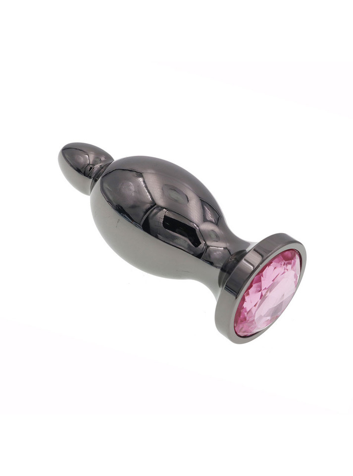Gunmetal stainless steel jewelled butt plug with pink crystal flared base