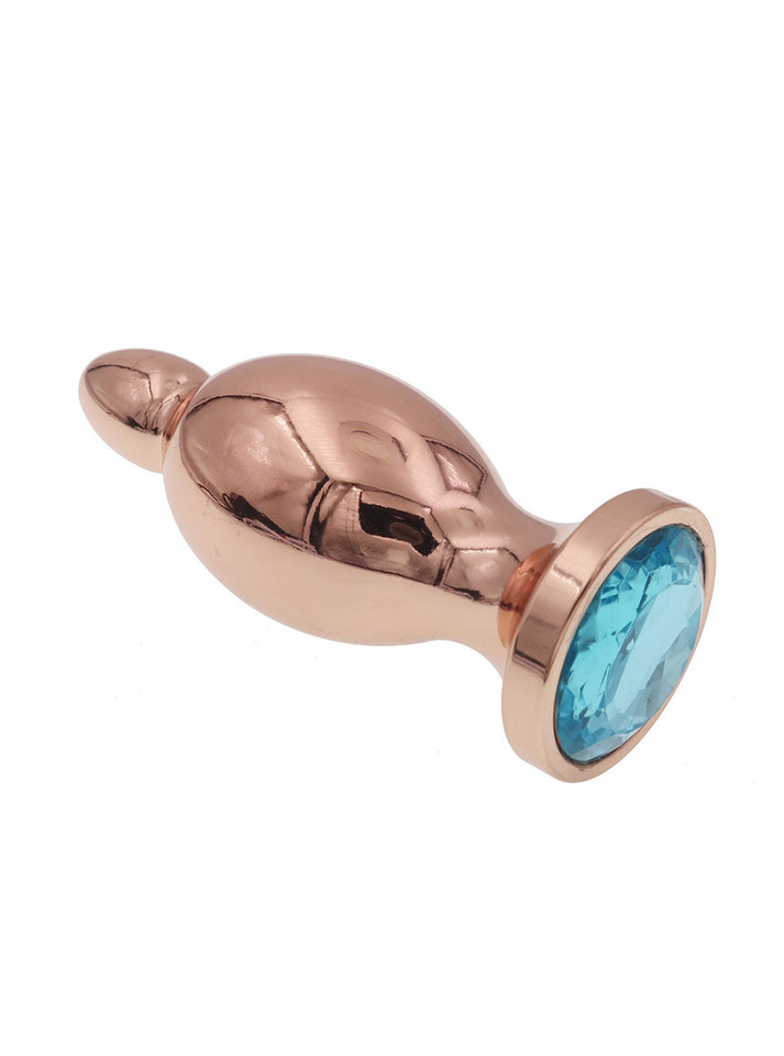 Rose gold stainless steel jewelled butt plug with blue crystal flared base