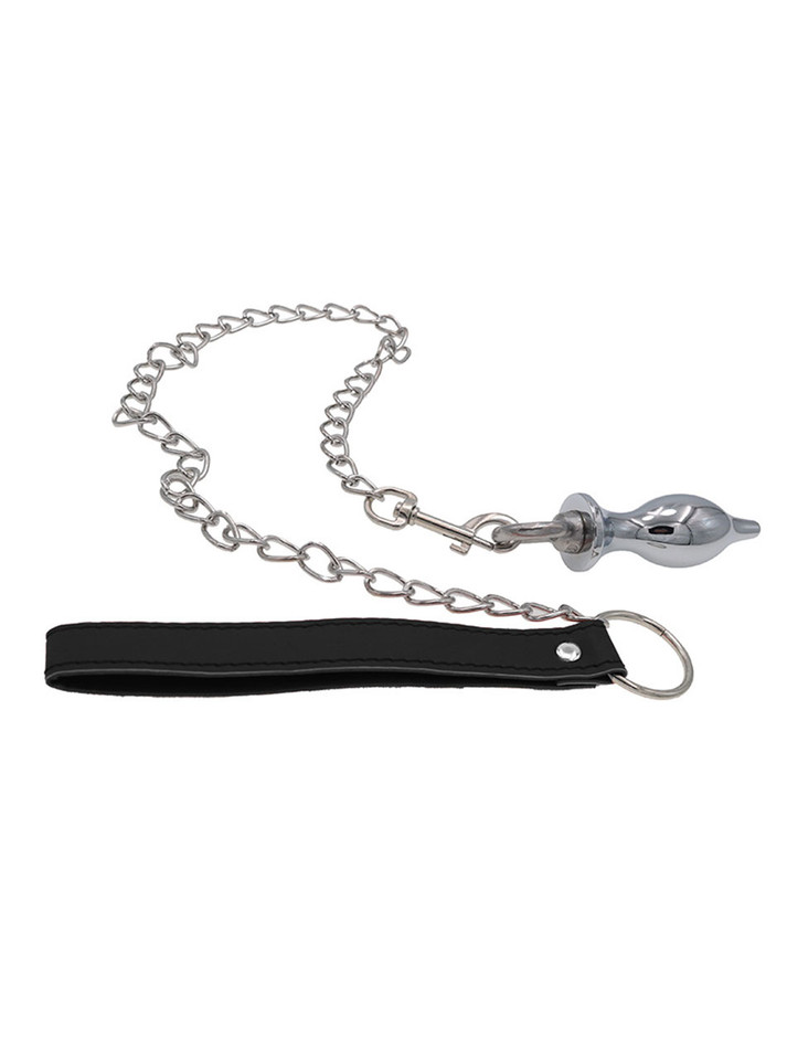 Silver alloy chain leash butt plug, metal chain and black wrist strap displayed separately