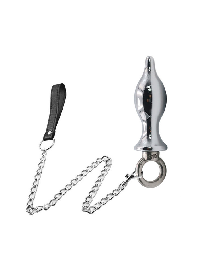 Silver alloy chain leash butt plug with removable chain and black wrist strap
