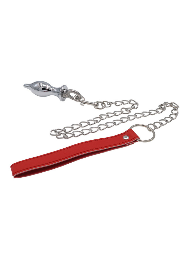 Silver alloy chain leash butt plug connected to a metal chain and red wrist strap
