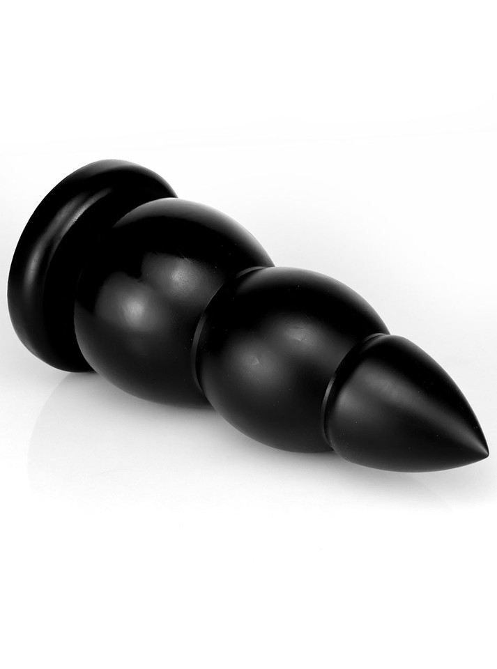Solid black triple bulb extreme anal plug with graduated 4.9 cm (1.92 in), 8 cm (3.14 in) and 9.8 cm (3.85 in) diameters