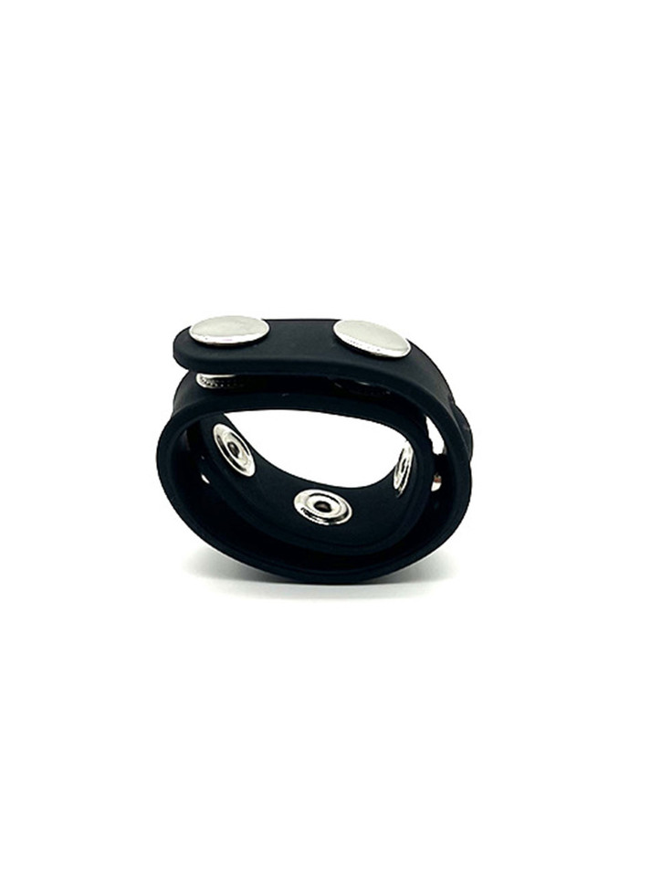 Adjustable black silicone cock ring fastened into a compact circular shape.