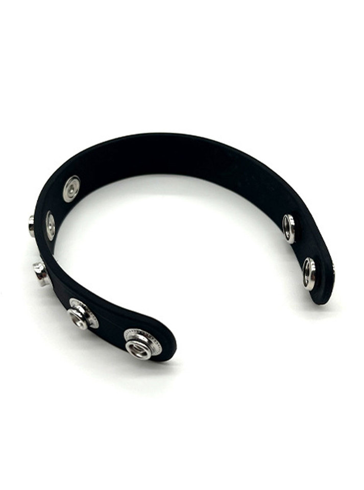 Open black Medical Silicone cock ring showing multiple adjustable snap positions.