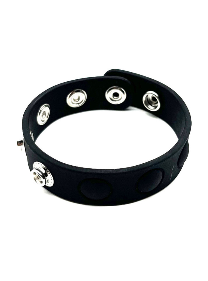 Black adjustable Medical Silicone cock ring with multiple metal press-stud settings.