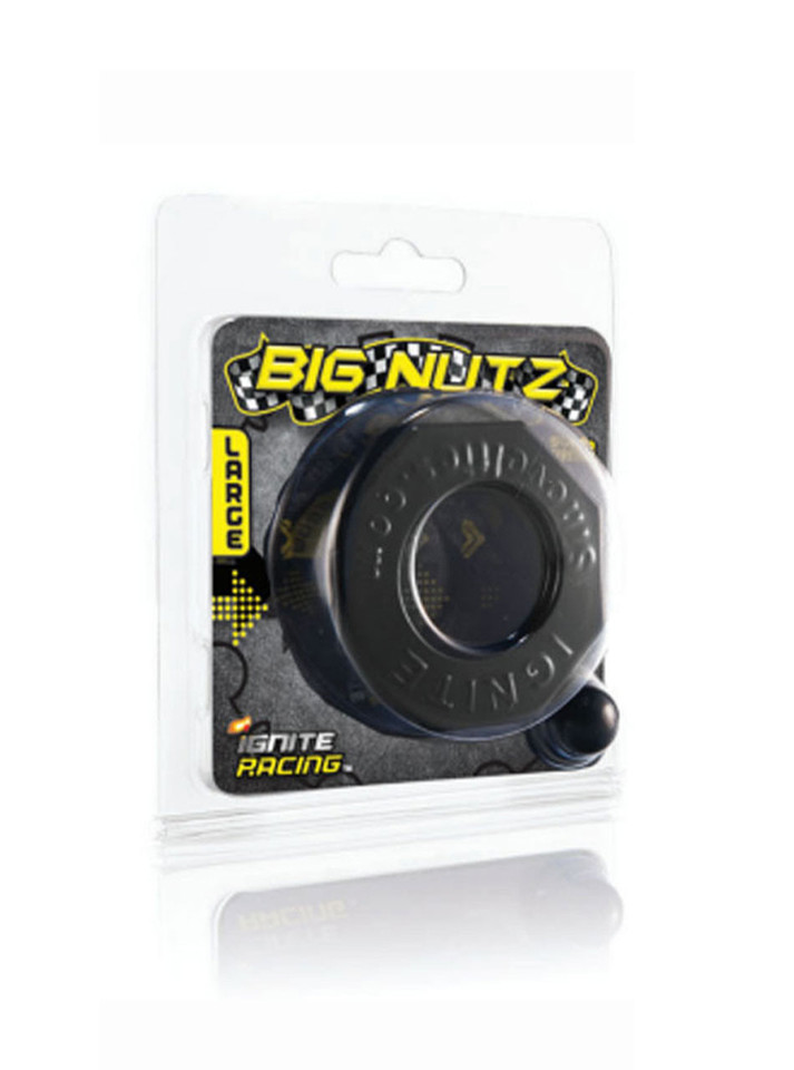 Black Big Nutz TPE cock ring displayed in racing-style retail packaging.