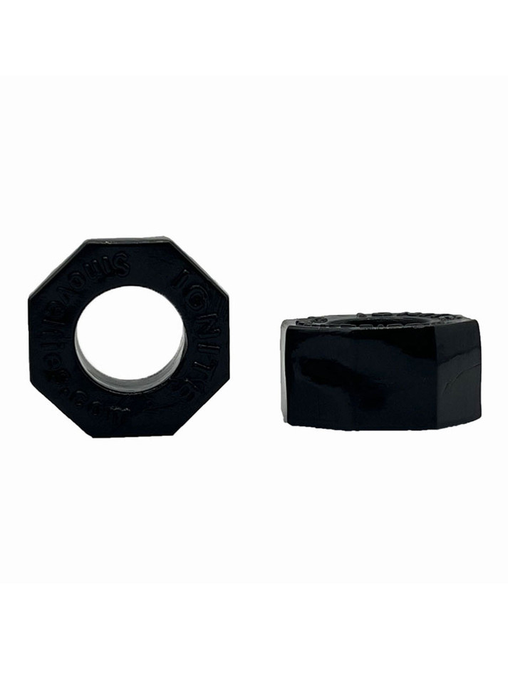 Front and side views of the black Big Nutz flexible TPE cock ring.