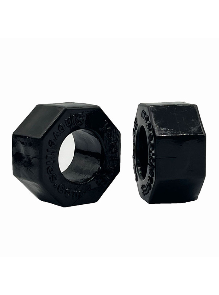 Black Big Nutz TPE cock ring shown from front and side with chunky octagonal shape.
