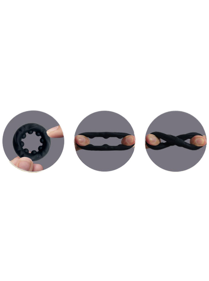 Soft black silicone cock ring being stretched and twisted by hand.