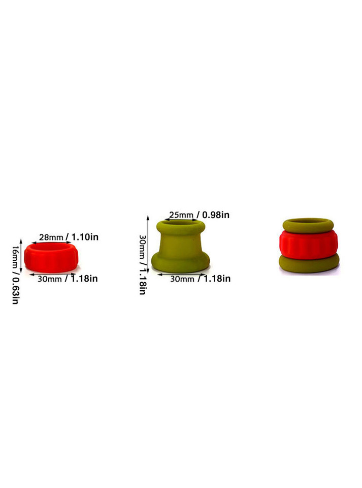 Size chart showing Inner Shaft Ring, Outer Sleeve and Full Stack Set medical-grade silicone cock ring options.