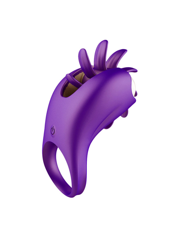 Purple silicone vibrating cock ring with flexible tongue-style stimulation tips.