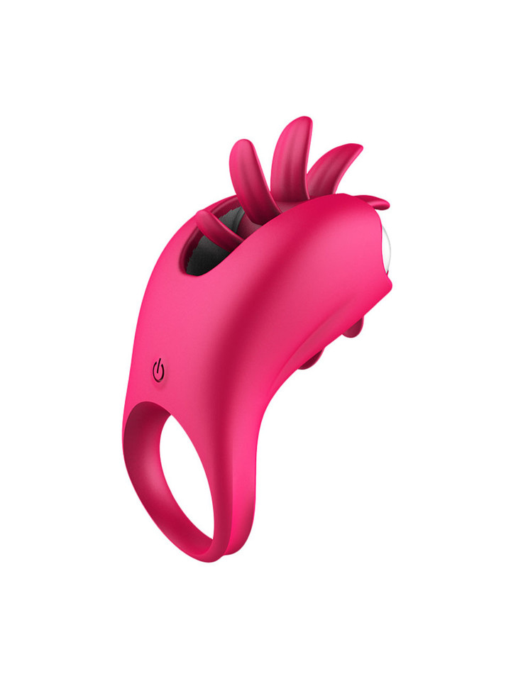 Pink silicone vibrating cock ring with flexible tongue-style clit stimulation tips.