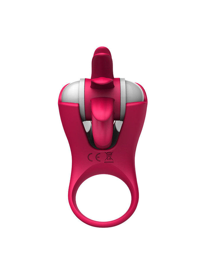 Back view of pink vibrating silicone cock ring showing wearable shaft loop and stimulation head.