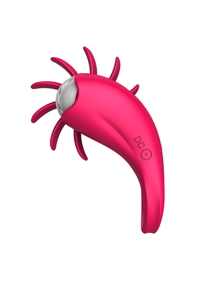 Side view of pink USB rechargeable vibrating cock ring with curved silicone body.