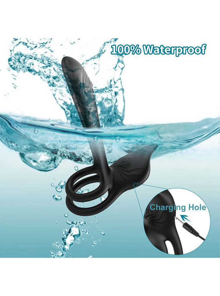 Waterproof black silicone vibrating cock ring with USB charging hole detail