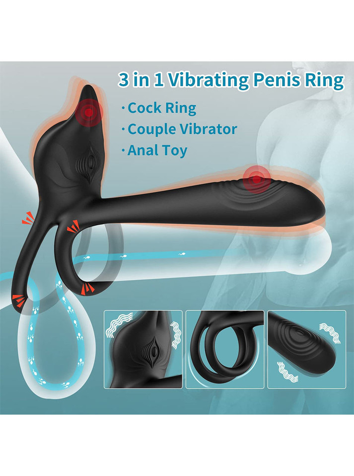 3-in-1 vibrating penis ring showing cock ring, couple vibrator and anal toy uses