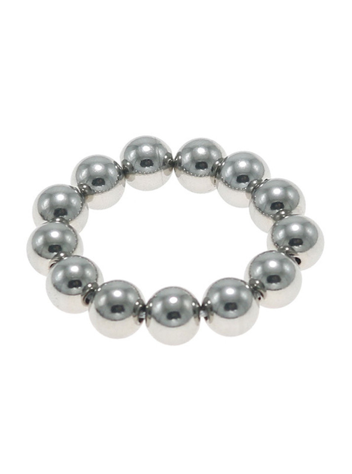 Close up of stainless steel beaded cock ring with polished silver beads